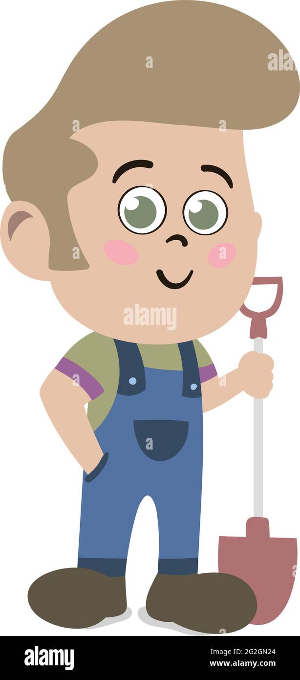 A Cute and Adorable Child Character in Cartoon Style. Kindergarten Preschool Kid Dressed as Professional Farmer. Small Kid with shovel in hand. Stock Vector
