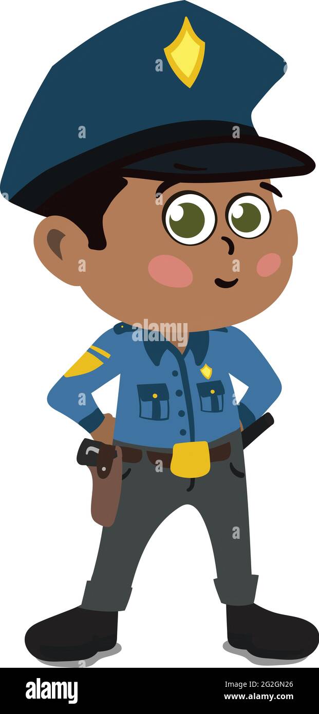 A Cute and Adorable Child Character in Cartoon Style. Kindergarten Preschool Kid Dressed as Professional Police Officer. Small Kid posing as Sherriff. Stock Vector