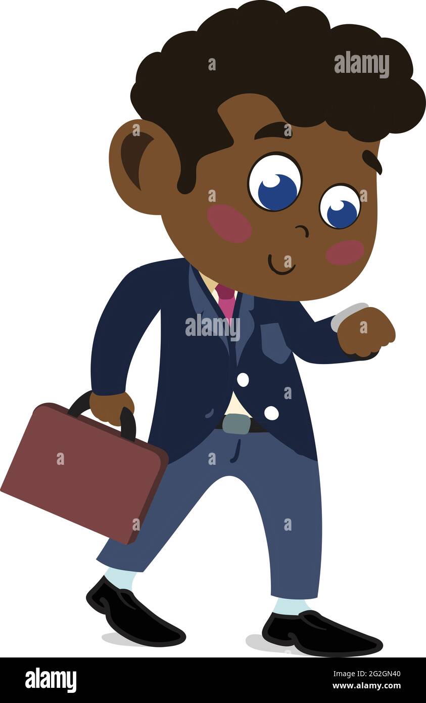 A Cute Child Character in Cartoon Style. Kindergarten Preschool Kid Dressed as Professional Businessman. Small Black Kid holding briefcase. Dream Job. Stock Vector