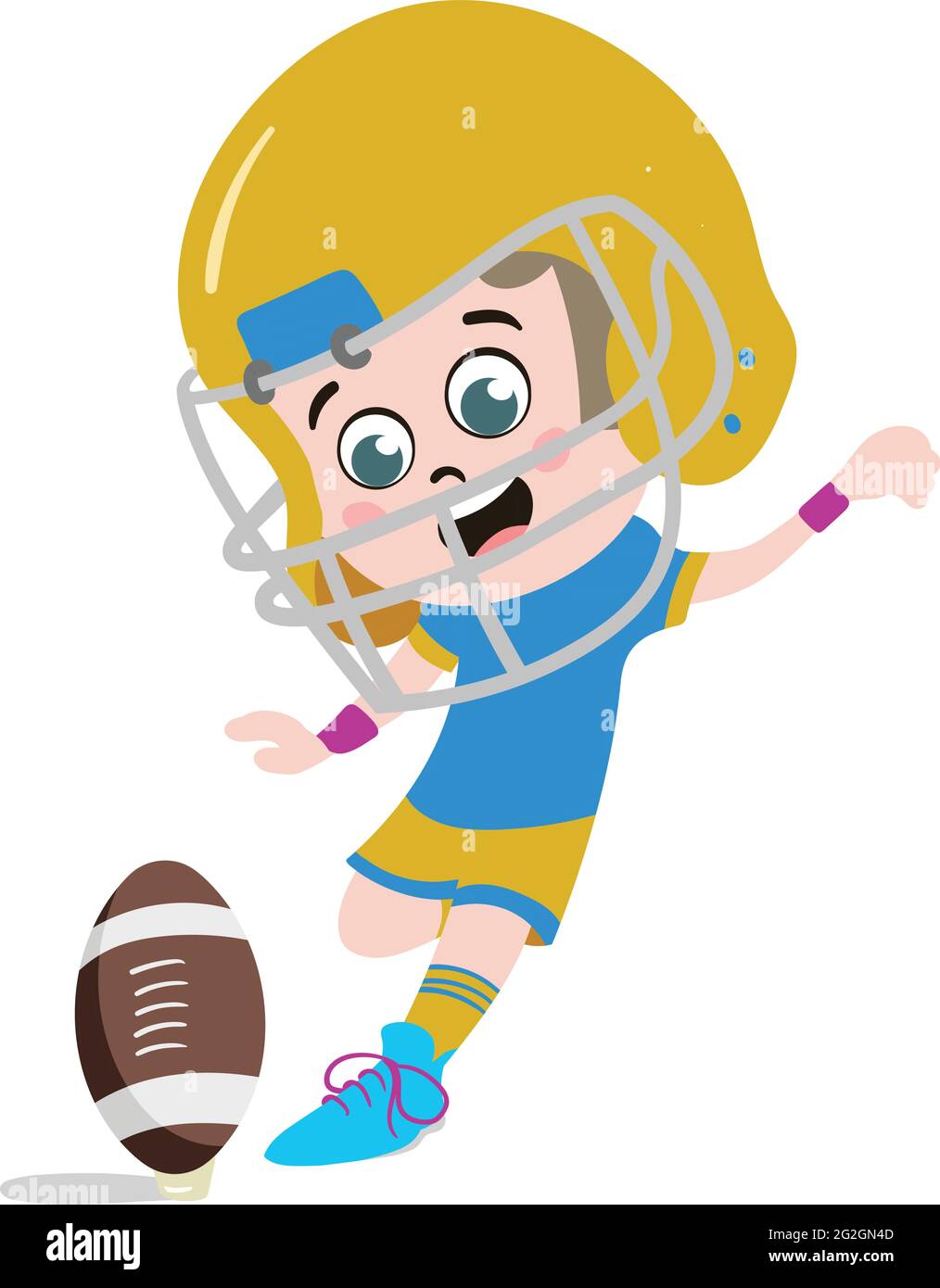 A Cute and Adorable Child Character in Cartoon Style. Kindergarten Preschool Kid Dressed as Professional Rugby Player. Small Kid kicking ball towards Stock Vector