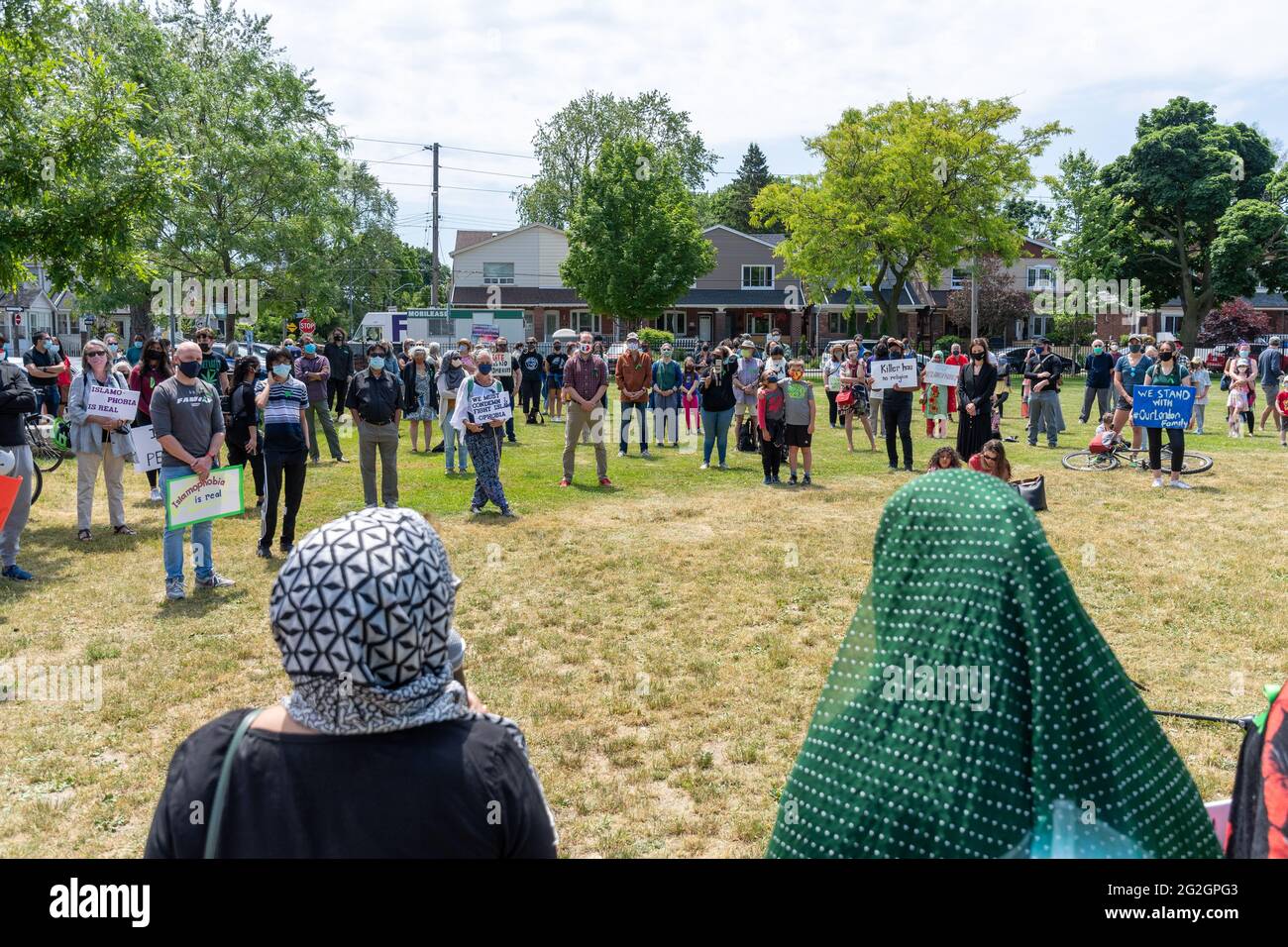 Toronto, Canada-June 11, 2021: A walk against hate was held in the Danforth district in solidarity with the family killed in London, Ontario earlier t Stock Photo