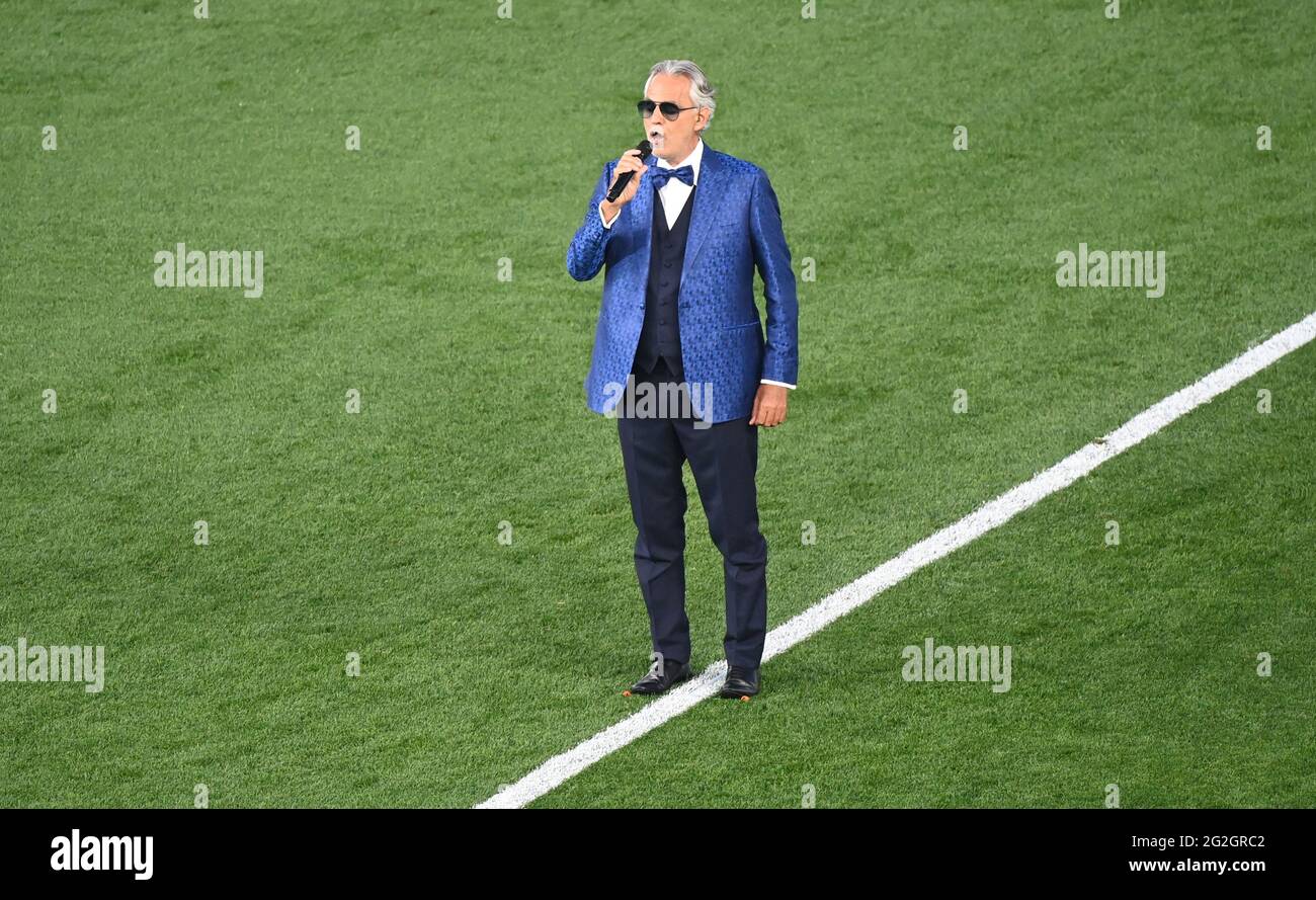 Rome, Italy. 11th June 2021. Football: European Championship, preliminary round, Group A, Turkey - Italy at the Stadio Olimpico di Roma. Andrea Bocelli sings at the opening ceremony of the European Championship before the match. Important: For editorial news reporting purposes only. Not used for commercial or marketing purposes without prior written approval of UEFA. Images must appear as still images and must not emulate match action video footage. Stock Photo