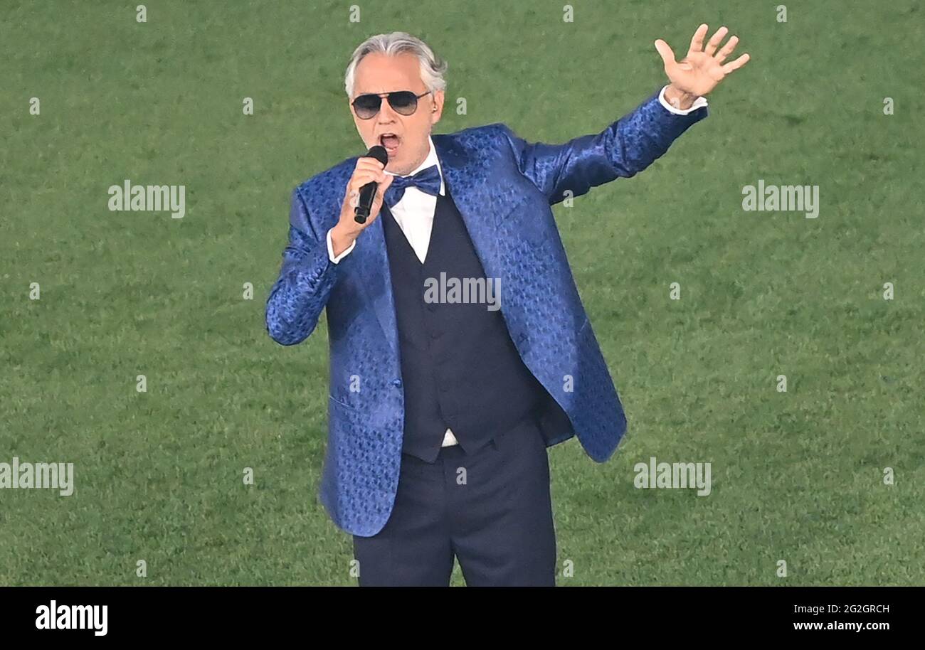 Rome, Italy. 11th June 2021. Football: European Championship, preliminary round, Group A, Turkey - Italy at the Stadio Olimpico di Roma. Andrea Bocelli sings at the opening ceremony of the European Championship before the match. Important: For editorial news reporting purposes only. Not used for commercial or marketing purposes without prior written approval of UEFA. Images must appear as still images and must not emulate match action video footage. Stock Photo