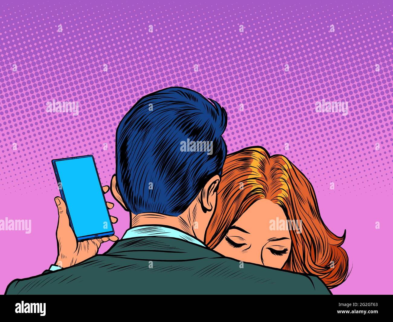 A man embraces a woman and looks at his smartphone Stock Vector