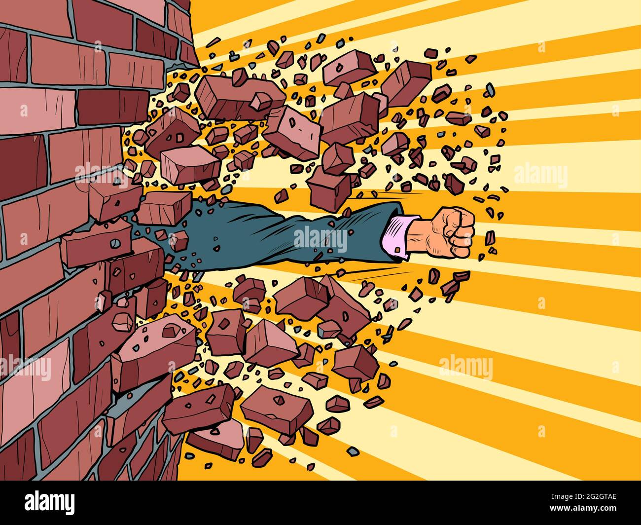 Businessman breaks through a brick wall. The will to overcome obstacles ...