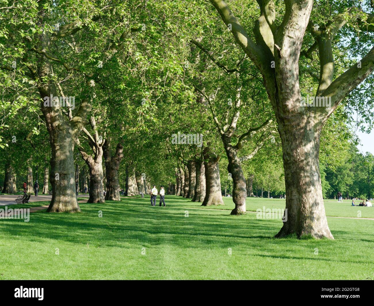 London, Greater London, England - 27 May 2021: 2 police officers walking through trees in Hyde Park wearing hi vis jackets Stock Photo