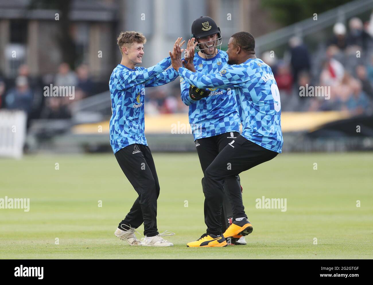 16 year old Alex Lenham of Sussex Sharks celebrates taking the wicket of  Gloucestershire's Jack Taylor
