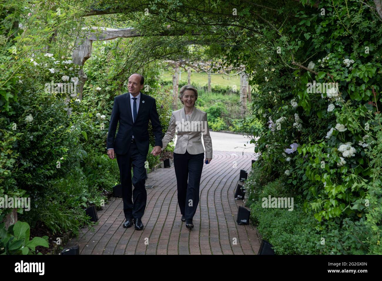 President of the European Commission Ursula von der Leye with husband Heiko von der Leyen attend a reception at the Eden Project during the G7 summit in Cornwall. Picture date: Friday June 11, 2021. Stock Photo