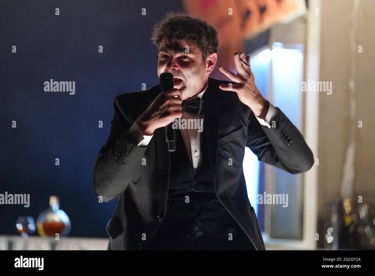 Berlin, Germany. 11th June, 2021. Actor Andreas Döhler stands on the stage of the Berliner Ensemble during a photo rehearsal for Frank Castorf's new production 'Fabian oder Der Gang vor die Hunde'. Credit: Jörg Carstensen/dpa/Alamy Live News Stock Photo