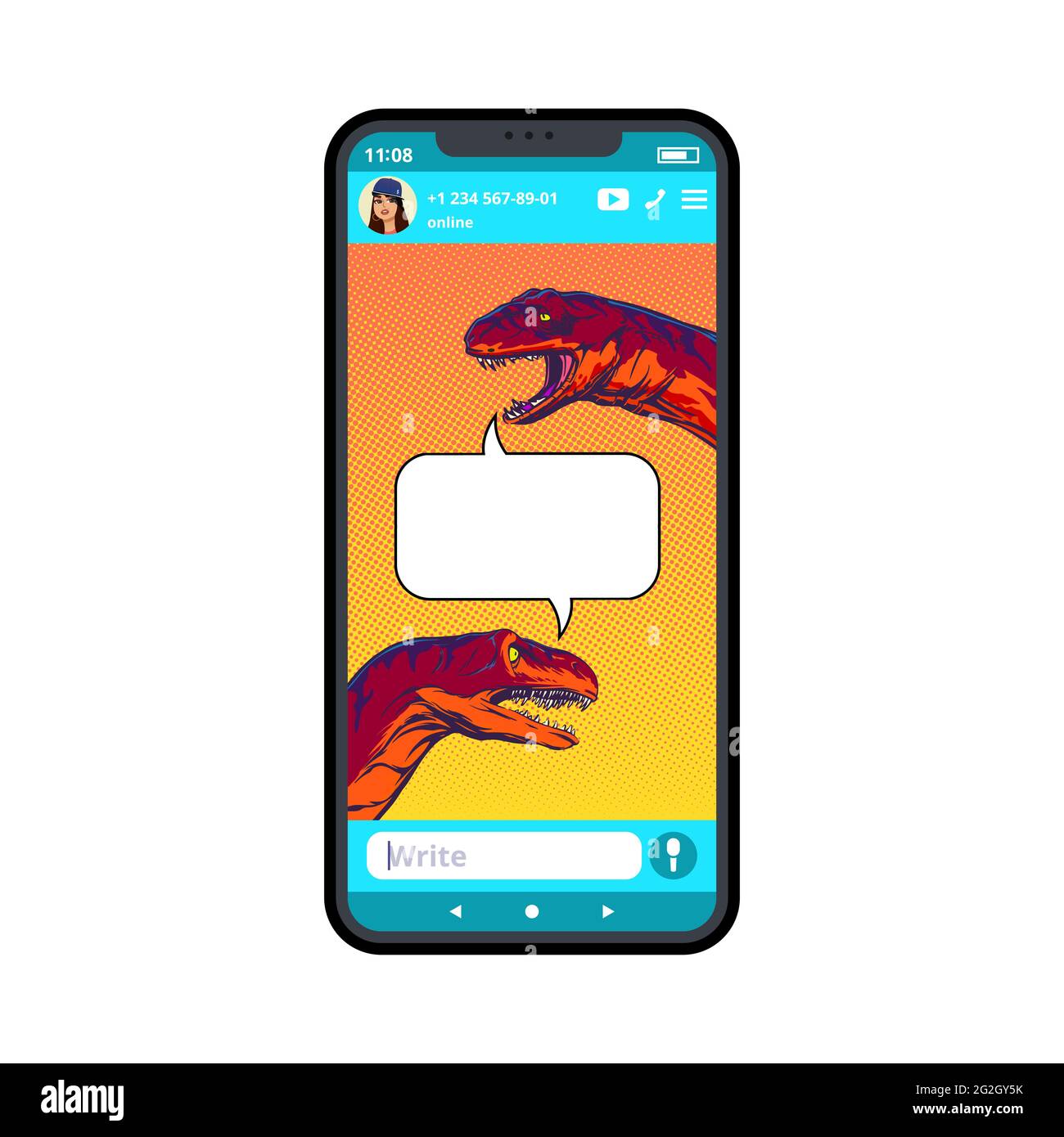 Humorous drawing of dinosaur dialogue on smartphone in pop art style .Vector illustration. Stock Vector