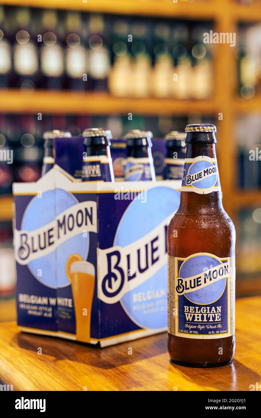 Blue moon beer bottle on wooden bar with out of focus pub background