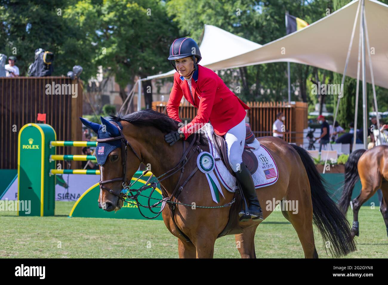 Rome, Italy - 30th May, 2021: Laura Kraut (USA) onward Baloutinue celebrates her second place at the Rolex Grand Prix Rome at the 88th CSIO 5 * Master Stock Photo