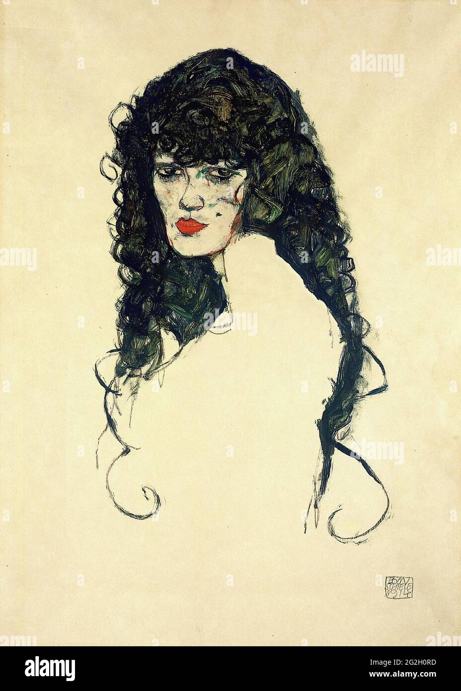 Egon Schiele -  Portrait Woman with Black Hair 1914 Stock Photo