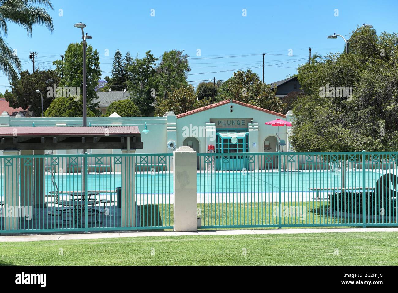 BREA, CALIFORNIA - 9 JUN 2021: The Plunge, a public swimming pool in City Hall Park. Stock Photo