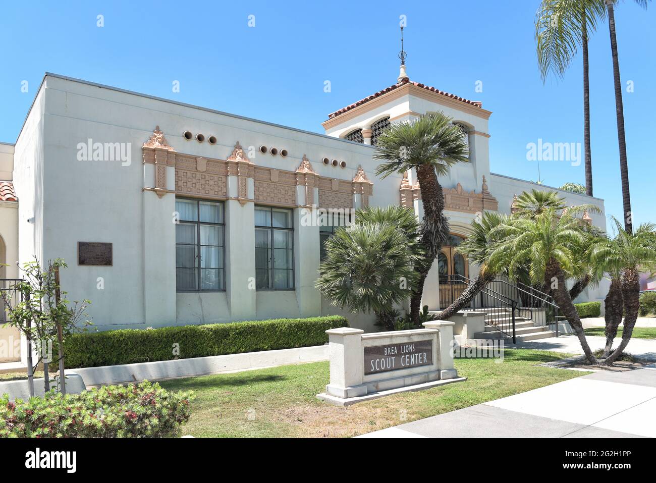 BREA, CALIFORNIA - 9 JUN 2021: The Lions Scout Center, home for Brea Boy Scouts and Girl Scouts, in City Hall Park. Stock Photo