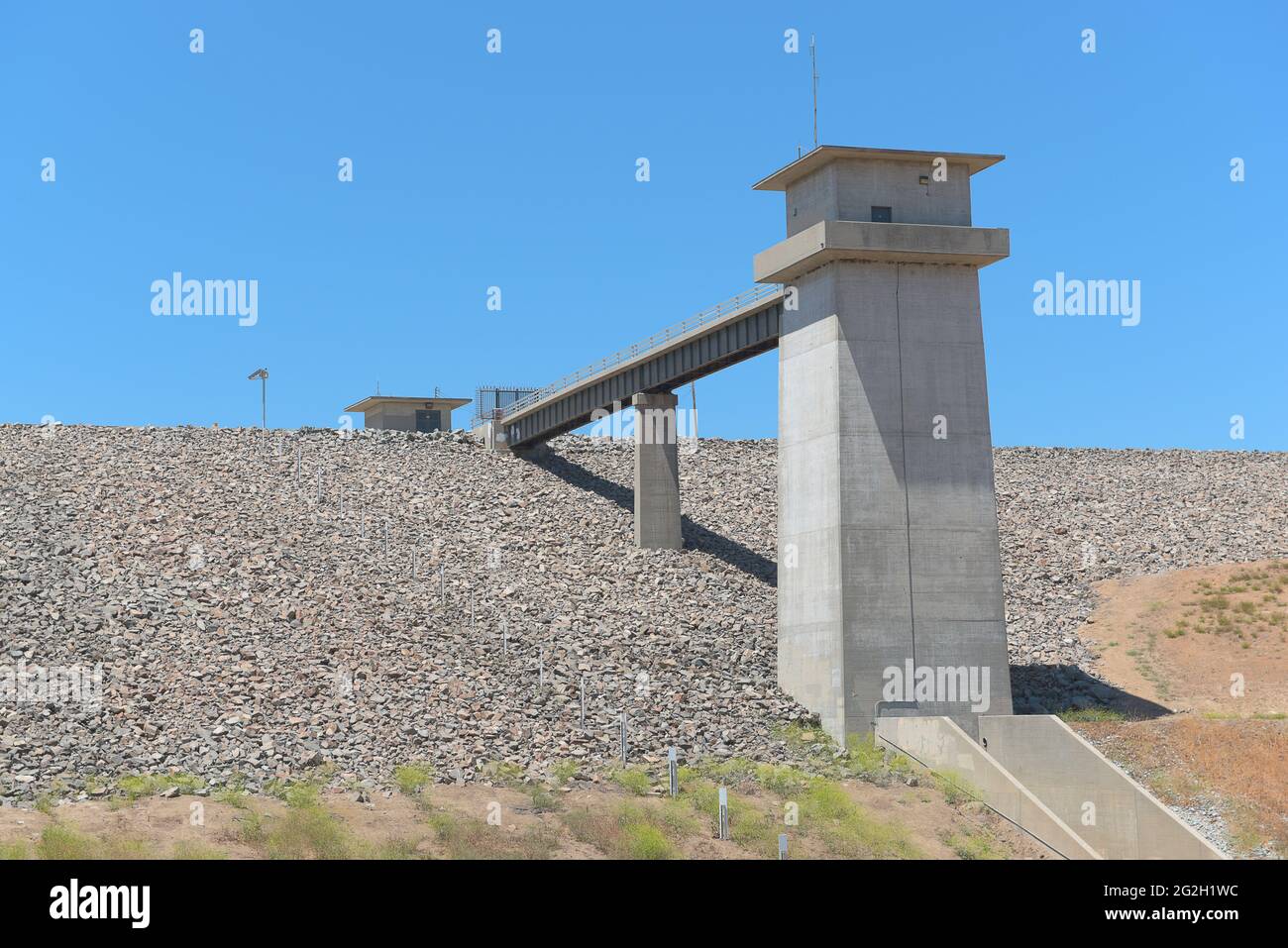 BREA, CALIFORNIA - 9 JUN 2021: The Carbon Canyon Dam, was constructed in 1959 as a response to Orange Countys growth and its need for flood control. Stock Photo