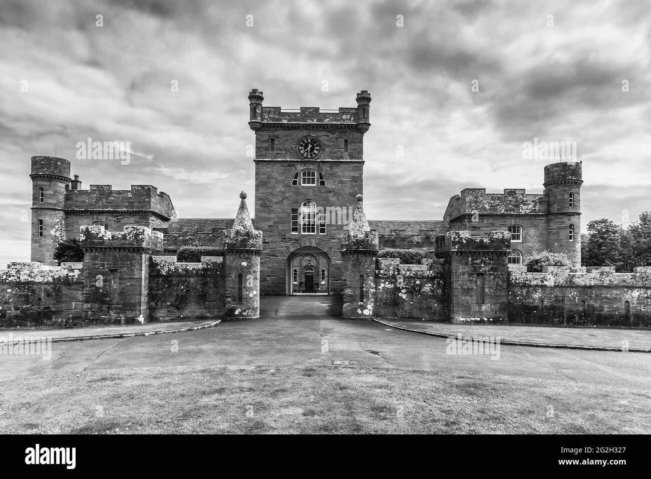 Scotland. Culzean Castle clock tower, coach house and horse stables building in monochrome Stock Photo