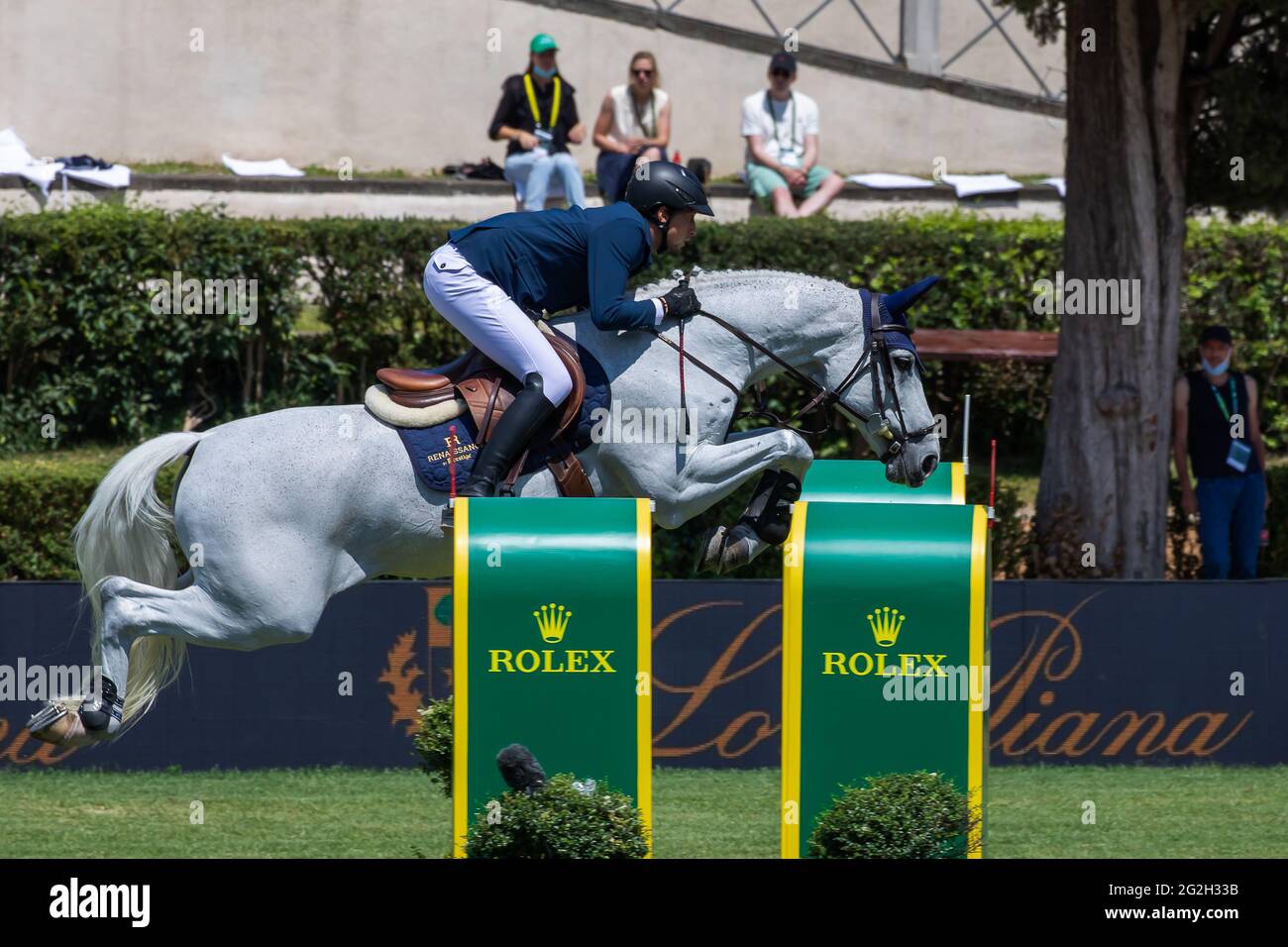 Martin Fuchs (SUI) ride CLOONEY during the Rolex Grand Prix Rome at 88th CSIO 5° Master D'Inzeo at Piazza di Siena on May 30, 2021 in Rome, Italy. Stock Photo