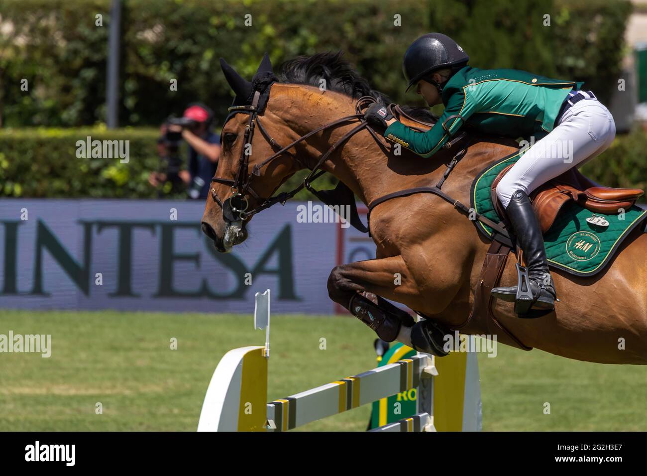 Malin Baryard-Johnsson (SWE) ride H&M INDIANA during the Rolex Grand Prix Rome at 88th CSIO 5° Master D'Inzeo at Piazza di Siena on May 30, 2021 in Ro Stock Photo