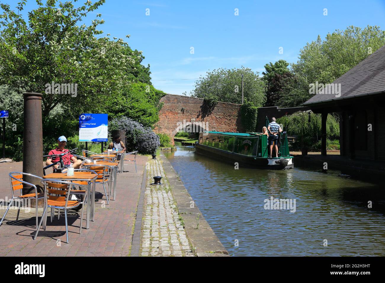 The Playwright's cafe, on the side of the Coventry Canal, at the restored Bishop Street Basin, in Warwickshire, UK Stock Photo
