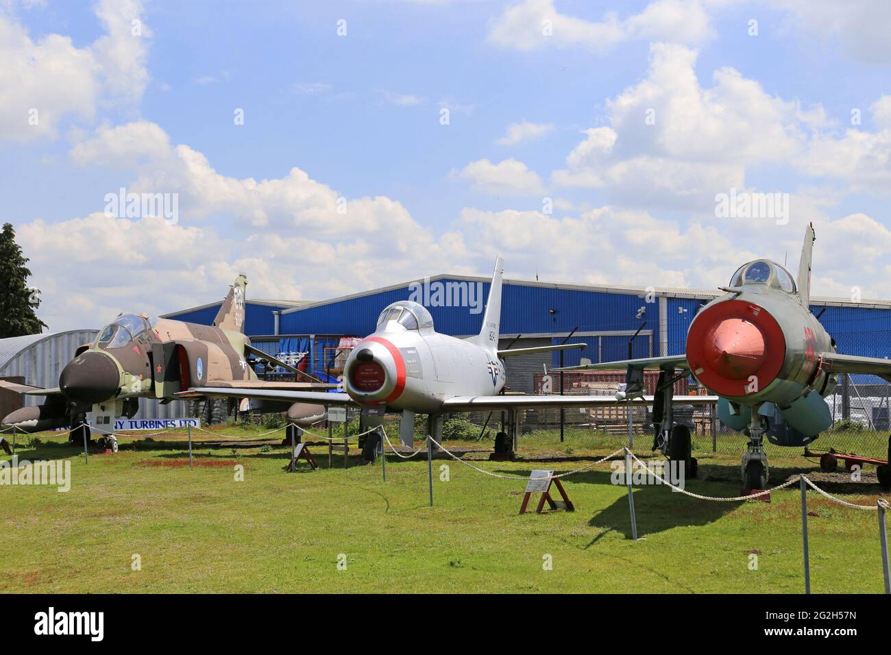 McDonnell Phantom, North American Sabre and Mikoyan-Gurevich MiG-21, Midland Air Museum, Coventry Airport, Baginton, Warwickshire, England, UK, Europe Stock Photo