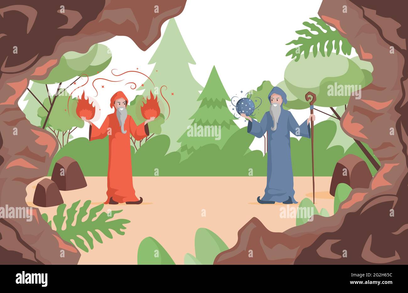 Wizards preparing to fight vector flat illustration. Old witch men in red and blue wizards robes holding fire balls and star ball. Magicians with long white beards and wooden sticks standing outdoor. Stock Vector