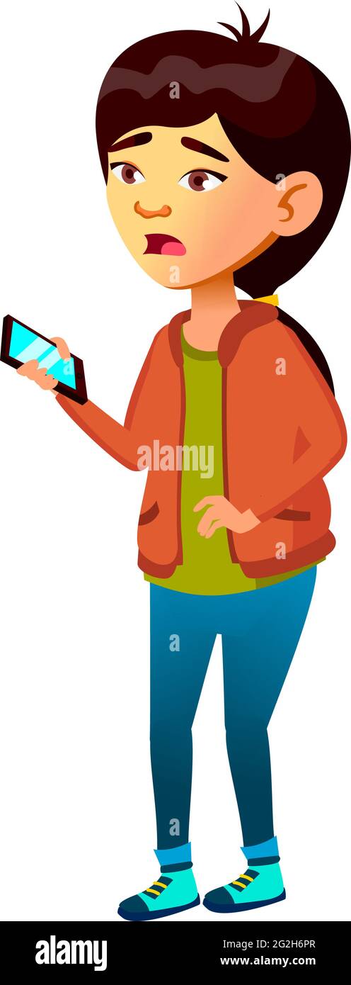 shocked asian girl reading scary message on cellphone screen cartoon ...