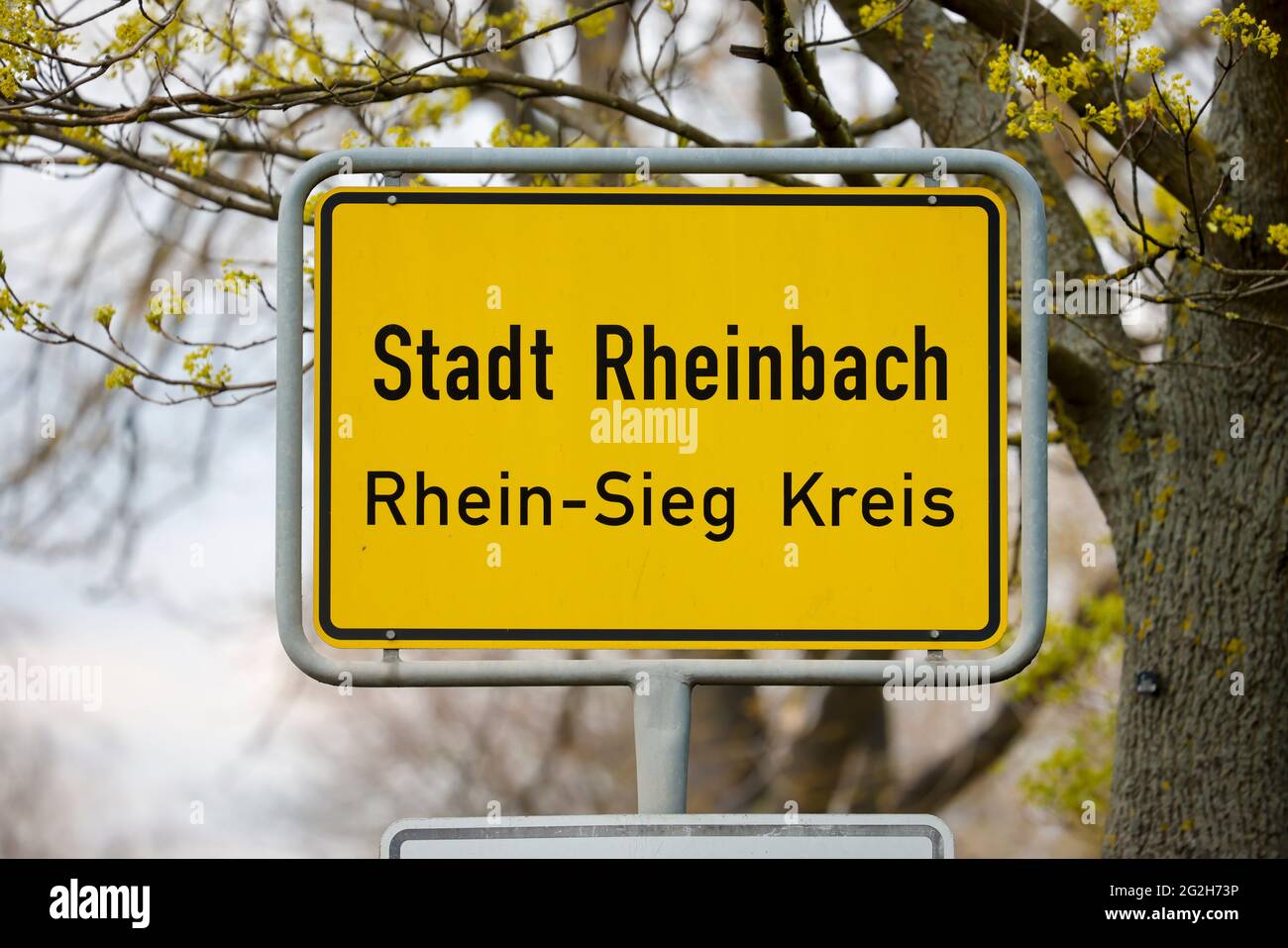 Rheinbach, North Rhine-Westphalia, Germany - Place name sign Stadt Rheinbach, Rhein-Sieg-Kreis, Rheinbach participates in corona study by Hendrik Streeck, the city of Rheinbach becomes a comparative municipality to the community of Gangelt in the Heinsberg district within the corona study. The aim is to investigate whether people who have been infected are immune to renewed infections. Stock Photo