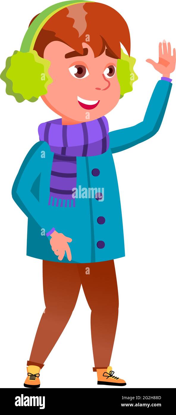 little boy glad to see friends in snowy park cartoon vector Stock Vector