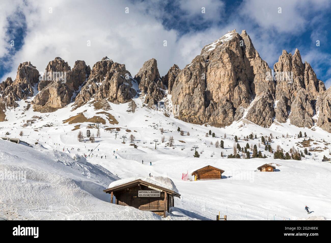 Ski areas at Pizes de Cier, 2592 m, Colfosco, Val Gardena, Grödner Joch, Sellaronda, South Tyrol, Alto Adige, Dolomites, Italy, Europe Stock Photo