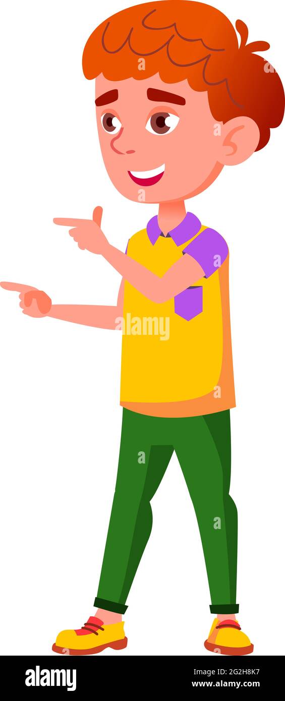 happy boy kid pointing at gadget in electronics store cartoon vector