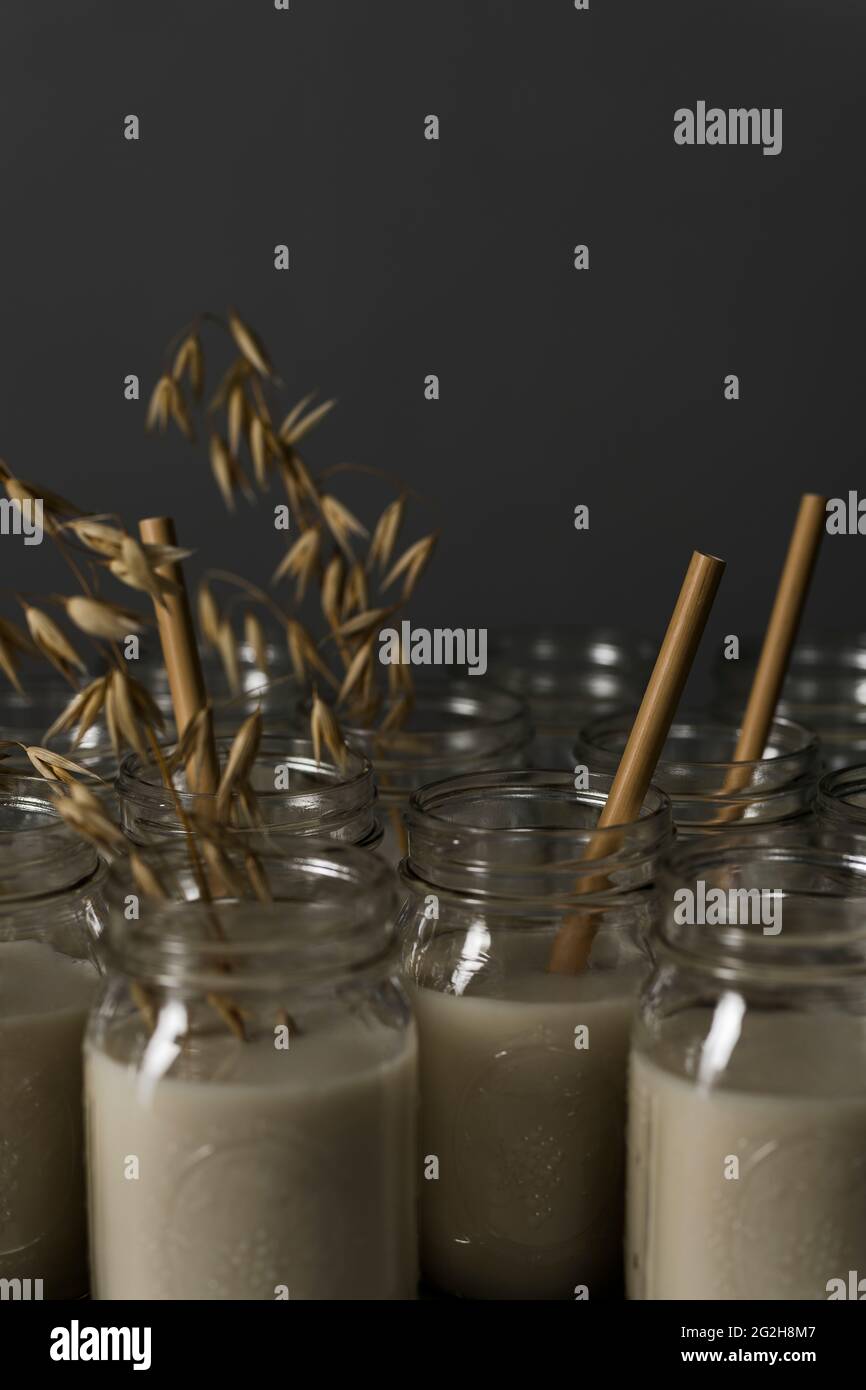 Oat milk, preserving jars, ear of wheat, drinking straw Stock Photo