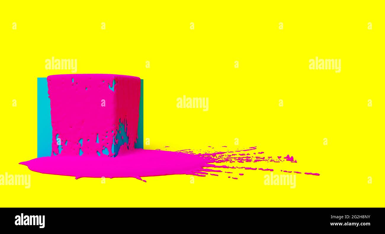 Blue cube with pink color paint splash on yellow background, 90s pop art bright minimal modern concept, 3D illustration Stock Photo