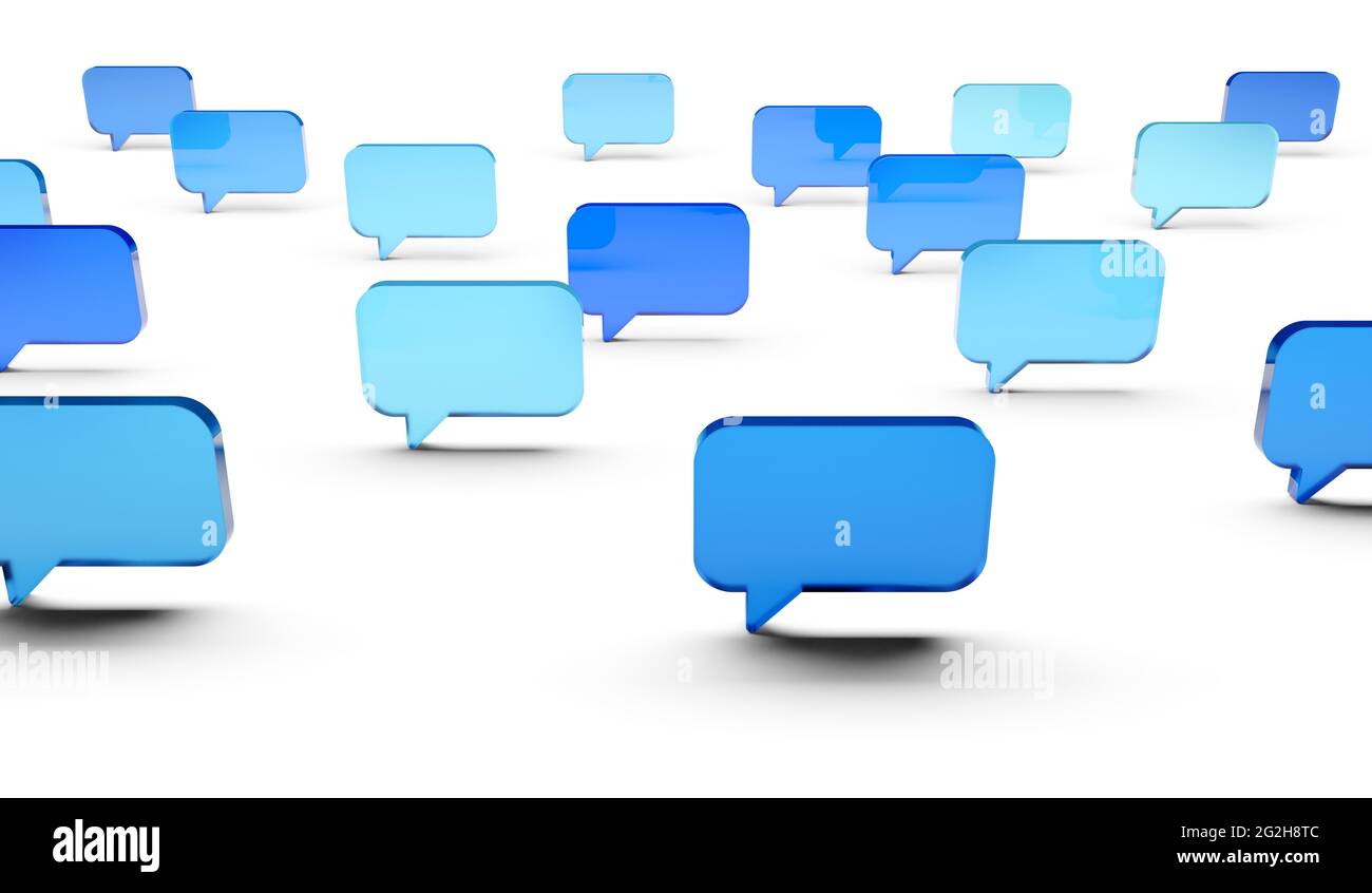Group of empty blue speech bubbles or balloons over white background ...