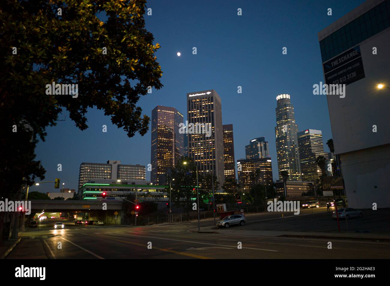 Downtown LA during blue hour. The lights of the city just start to appear. Los Angeles, California, USA Stock Photo