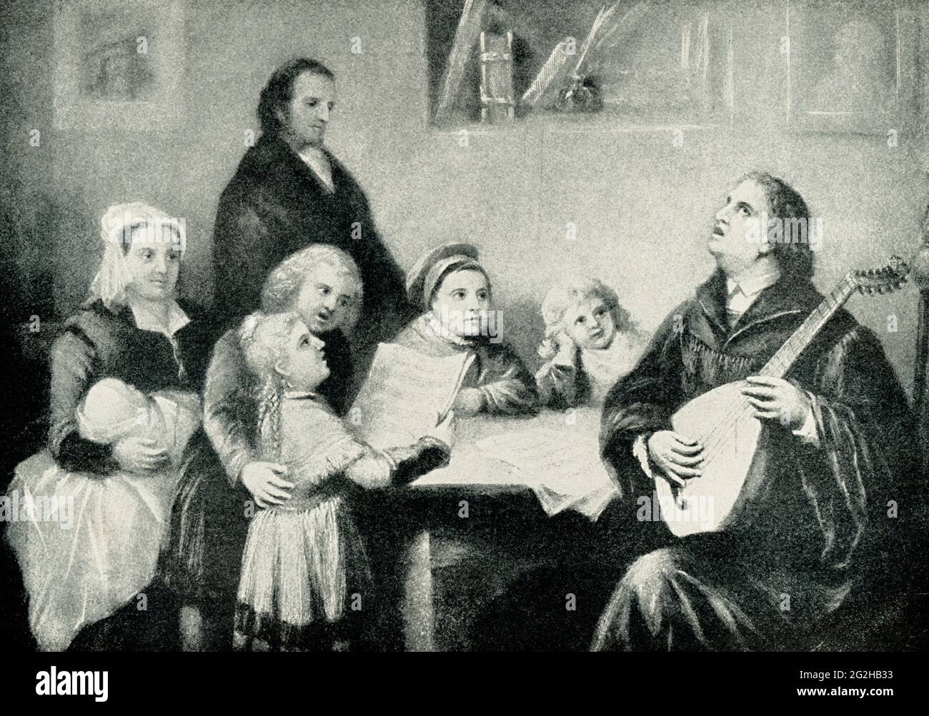 Luther’s Evening at Home. Martin Luther is pictured here at home with his family, singing as he plays his instrument. Martin Luther (1483–1546) was the German leader of the Protestant Reformation. In 1521, he was formally excommunicated from the Roman Catholic Church and summoned before the Diet of Worms. The Diet had been called by Emperor Charles V and, among other matters, took up the doctrines spread by Luther. Luther arrived under safe conduct on April 16, refused to yield ground in lengthy arguments with theologians. Katarina von Bora (1499-1552) was the wife of Martin Luther, and they h Stock Photo