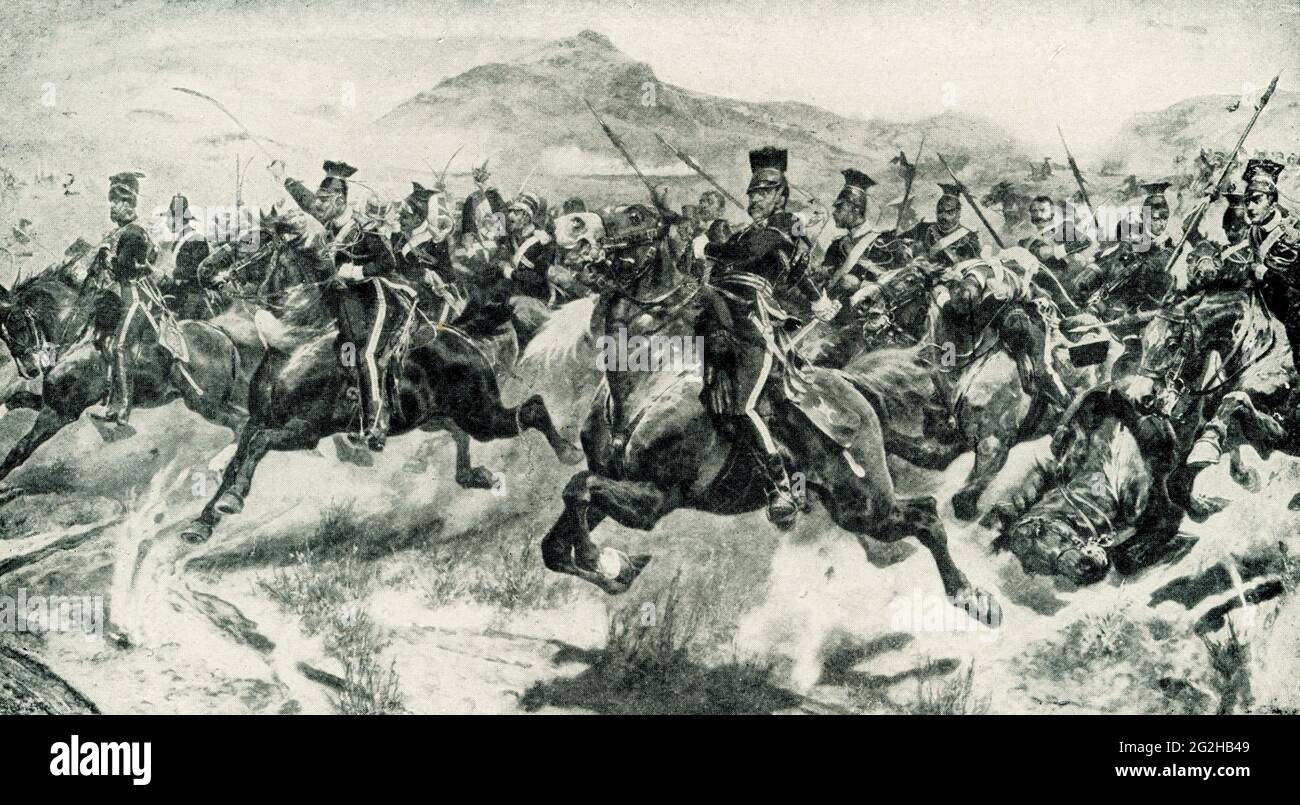 Charge of Light Brigade at Balaklava by R Caton Woodville. Charge of the Light Brigade (October 1854) was a disastrous British cavalry charge against heavily defended Russian troops at the Battle of Balaklava during the Crimean War (1853-56). The suicidal attack was made famous by Alfred, Lord Tennyson in his 1855 poem of the same name. Richard Caton Woodville Jr.(1825-1855) was an English artist and illustrator, who is best known for being one of the most prolific and effective painters of battle scenes in the late 19th and early 20th centuries. Stock Photo