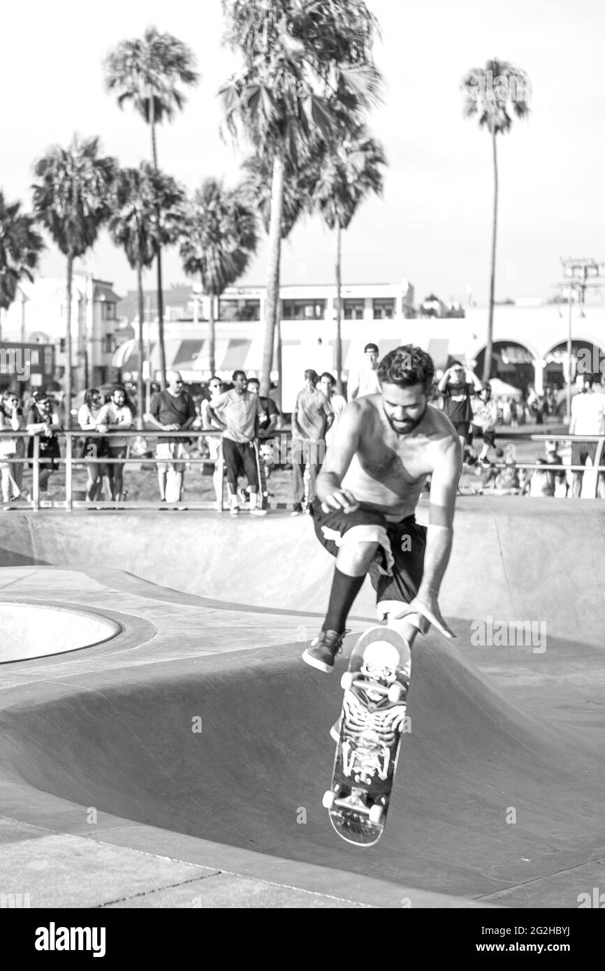The skaters and the lifestyle at the Venice Beach Skate Park in Santa Monica - Los Angeles, California, USA Stock Photo