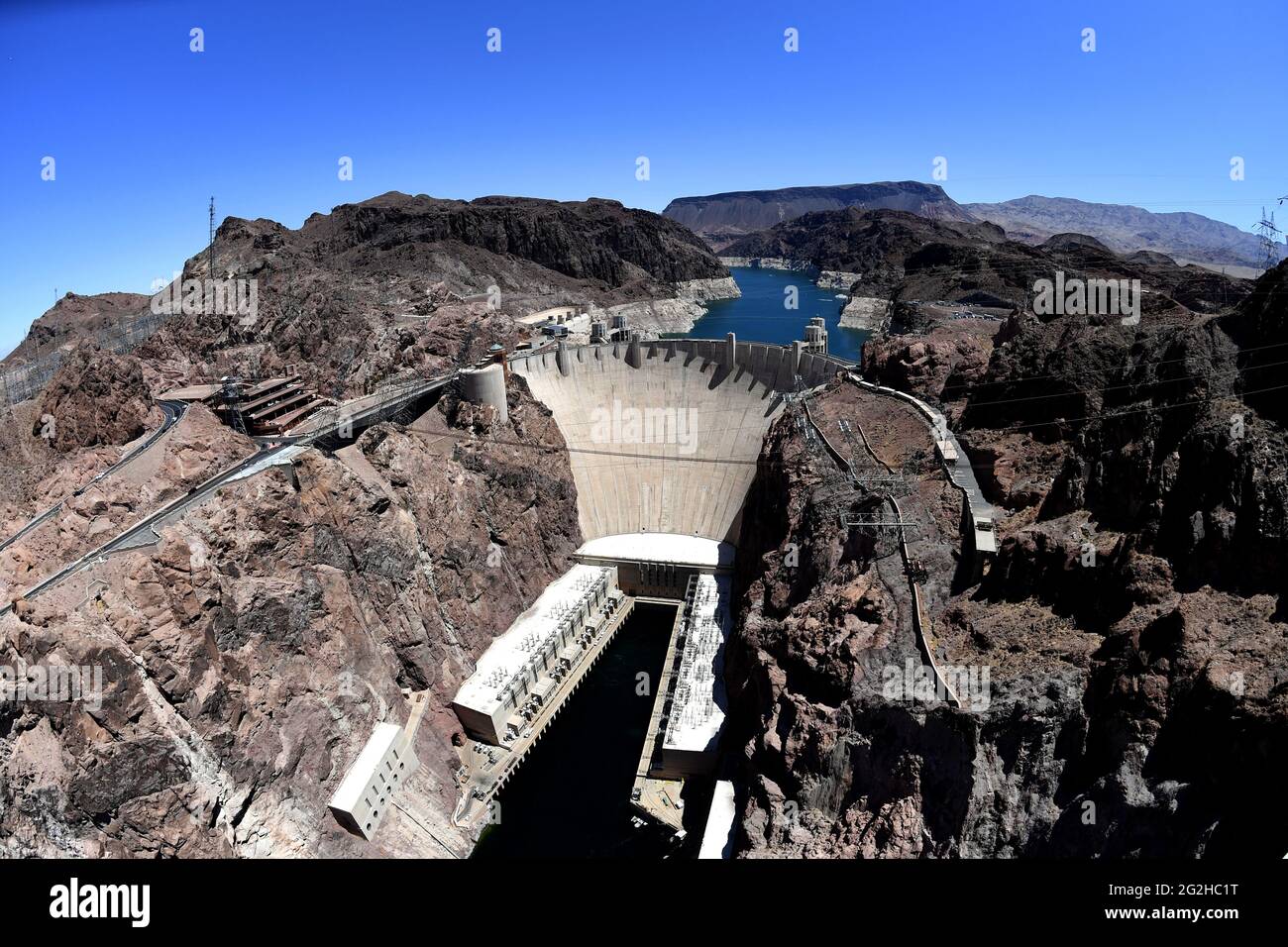 Lake Mead Nra U.S. 11th June, 2021. (EDITORS NOTE: This image was shot with  a fisheye lens.) Hoover Dam is seen on the border between Arizona and  Nevada. Hoover Dam, completed in