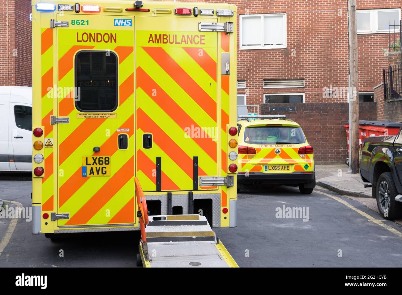 reer view of London ambulance van, London England UK Stock Photo