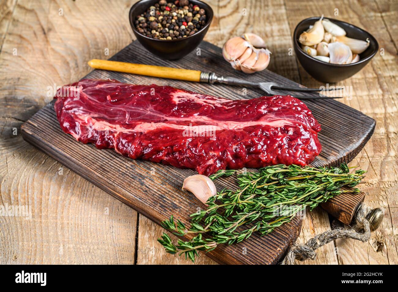 Butchers choice steak Onglet Hanging Tender beef meat. wooden background. Top view Stock Photo