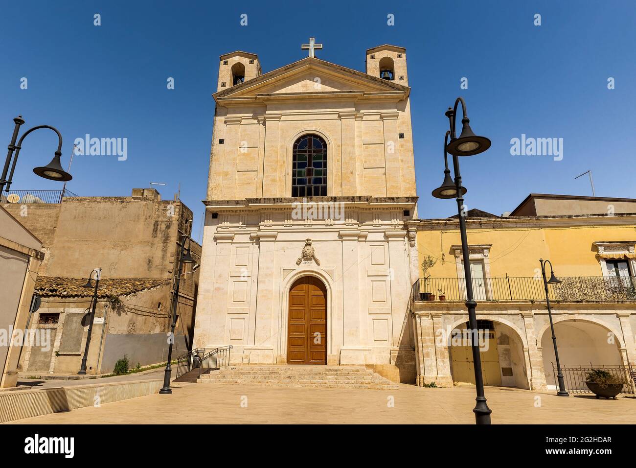 Main Facade of Parish of the Immaculate Heart of Mary (Parocchia Sacro Cuore Immacolato di Maria) in Rosolini, Province of Syracuse, Sicily, Italy. Stock Photo