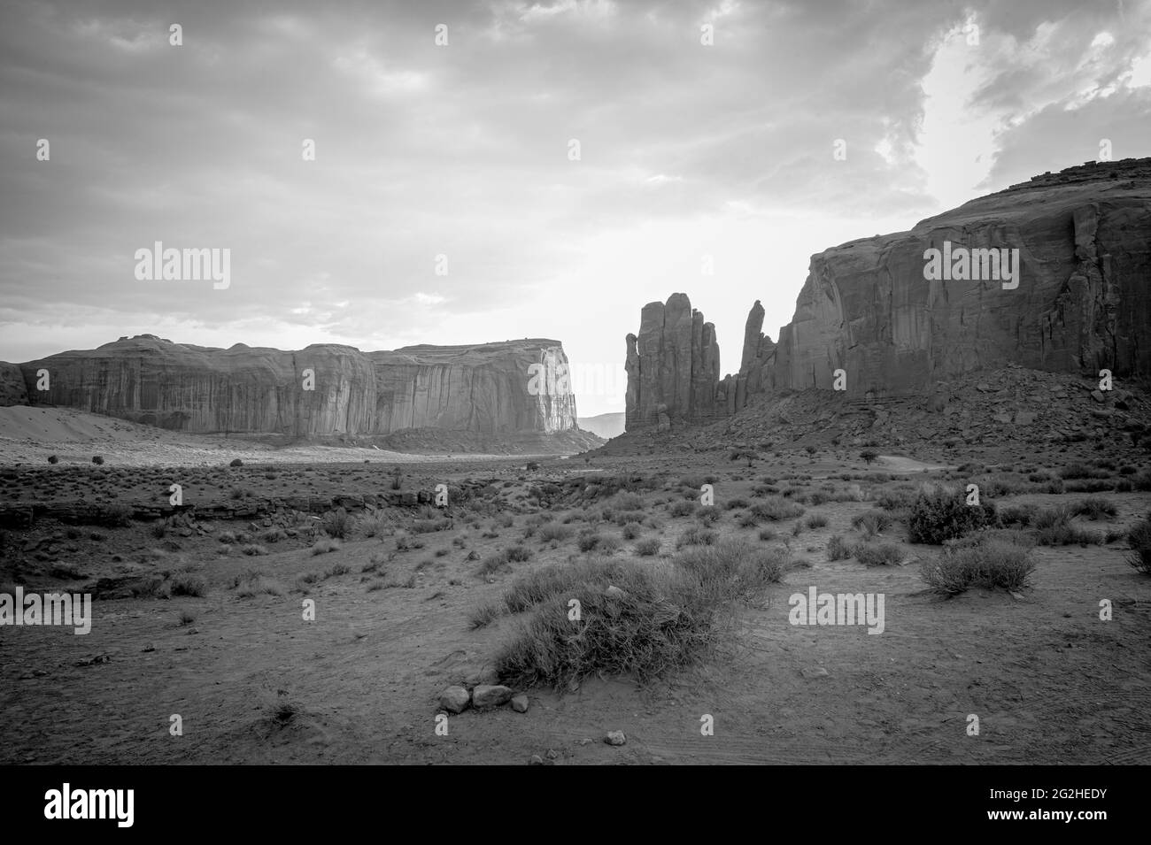 Classic view of Monument Valley near the Butte The Cube. Monument