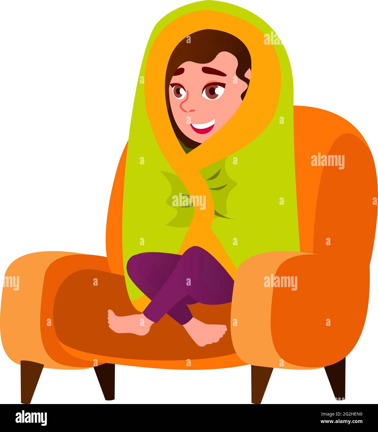 caucasian girl wrapped in blanket sitting in armchair cartoon vector