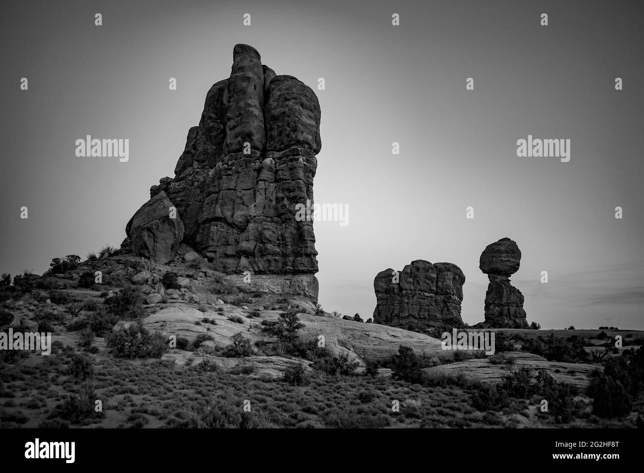 Wrangler Jeep at the parking spot at the Balanced Rock - a massive rock resting on a narrow pillar in Arches National Park, near Moab in Utah, USA Stock Photo