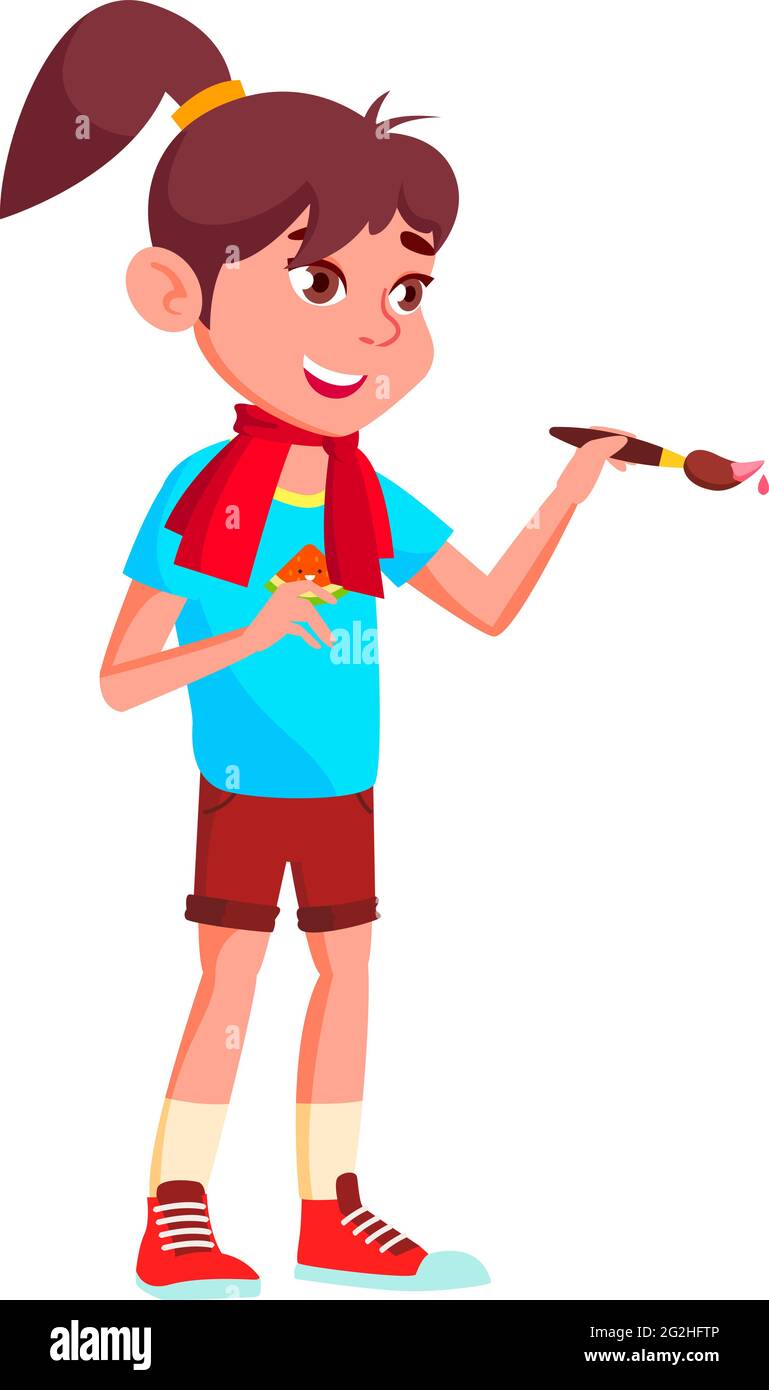 happy caucasian girl drawing picture with brush and paint cartoon