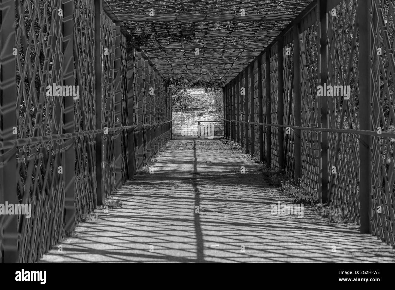 Enclosed metal bridge in black and white Stock Photo Alamy