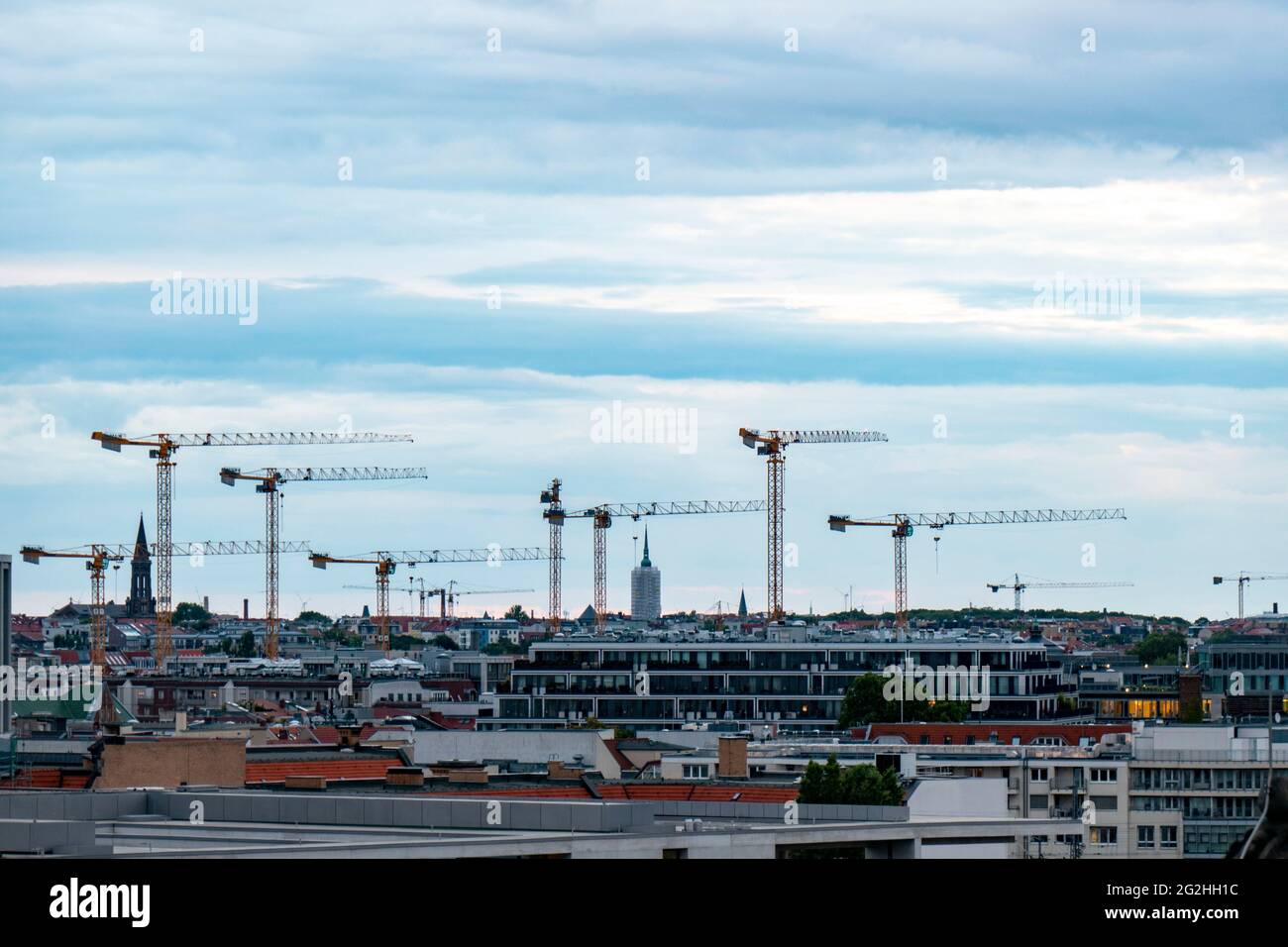 Construction cranes, view from the dome of the Reichstag building, Bundestag, Berlin, Germany Stock Photo