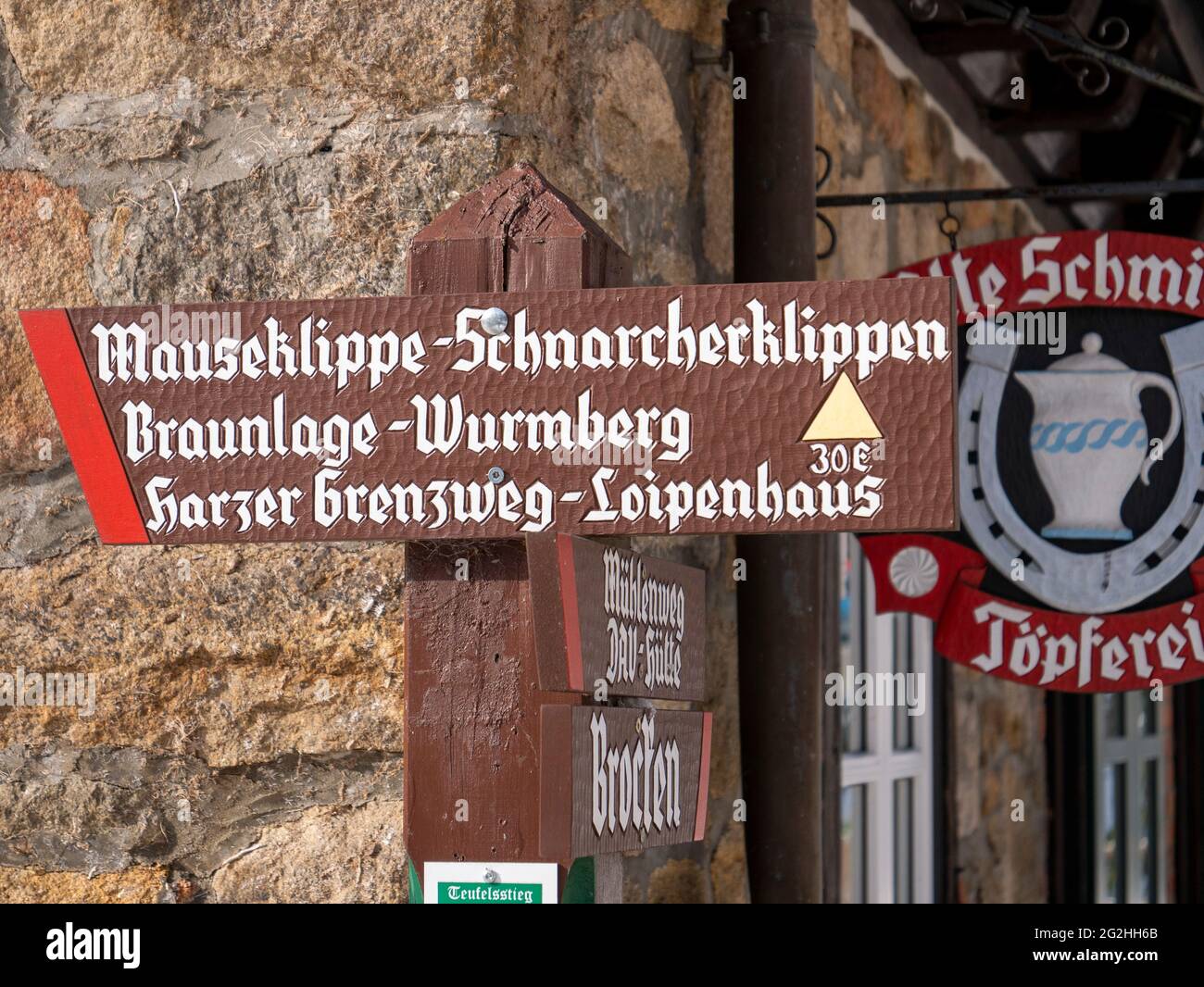 Hiking sign, Schierke, Harz, Saxony-Anhalt, Germany Stock Photo