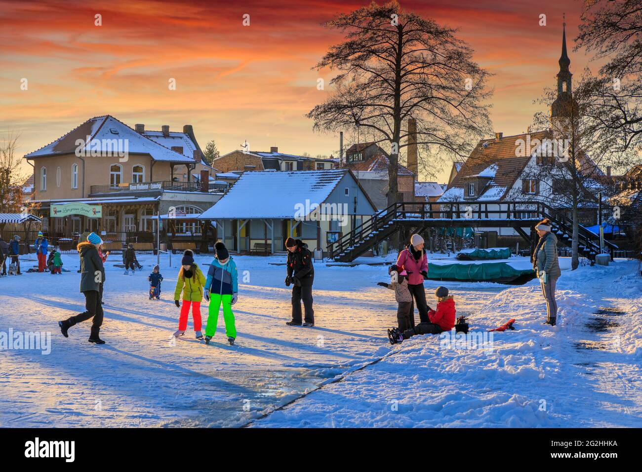 Ice skaters in the Spreewald Stock Photo